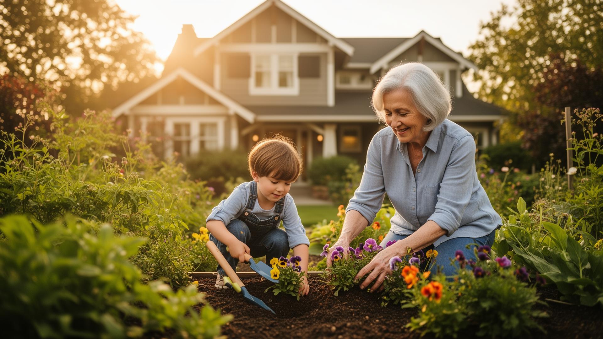 A grandmother gardening with her young grandchild outside their home at sunset